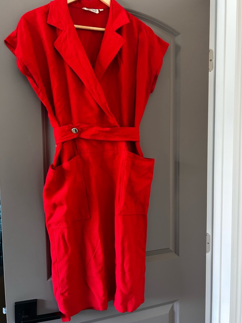 Pierre Cardin- vintage 1980’s dress- Red sleeveless cap, faix wrap dress, belt.